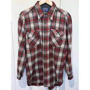 Men's Pendleton Plaid Casual Button Down long sleeve wool Shirt L Red Gray